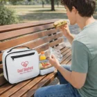 Young man on a park bench with a 5Litre Logo Branded Lunch Bag eating a sandwich.