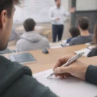 Student taking notes with Lamy Econ Stainless Steel Pens in a lecture hall.