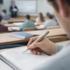 Student writing notes with a Lamy Studio Heavy Brass Pen during a classroom lecture.