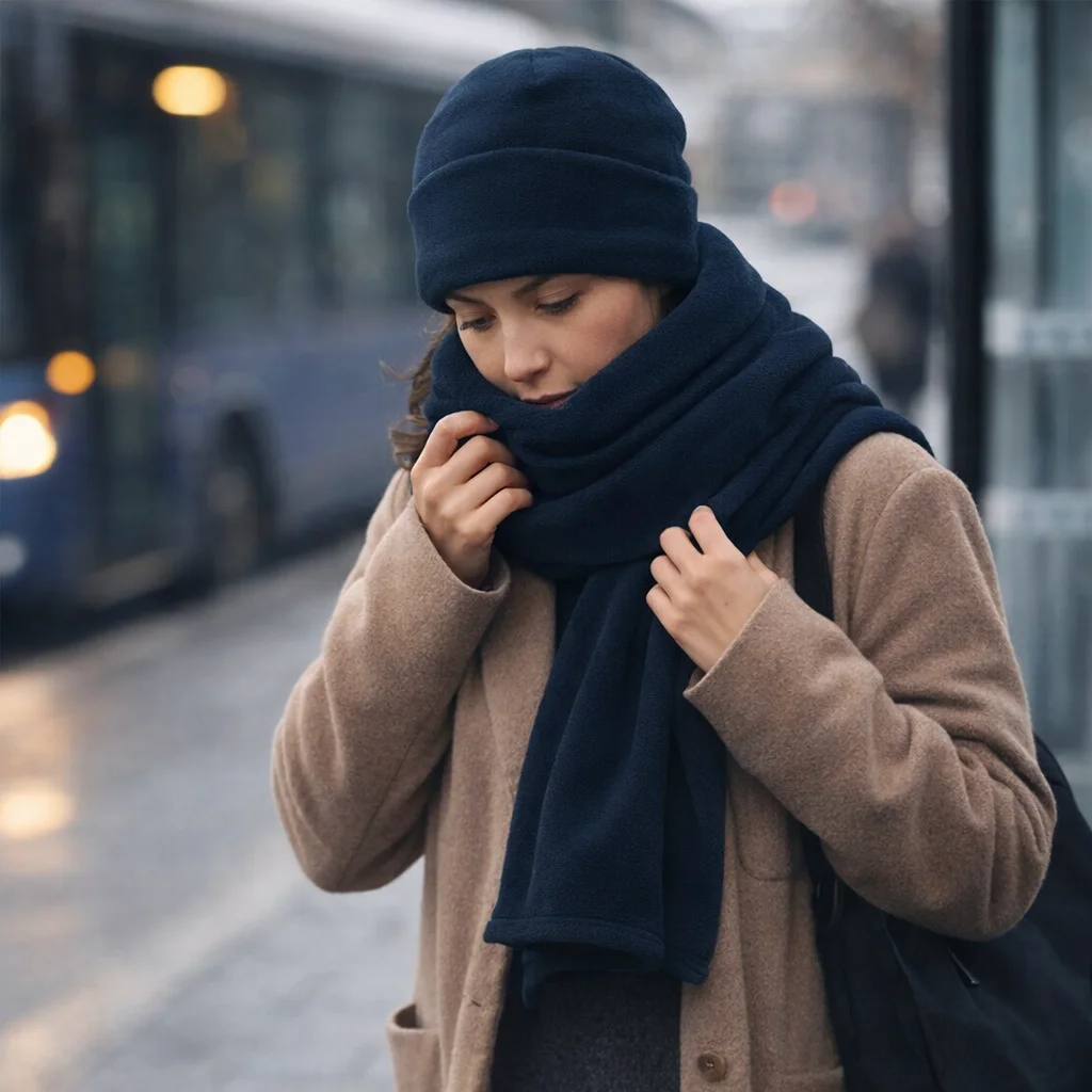Woman in Scarf And Beanie Sets waits at a bus stop on a cold, rainy day.
