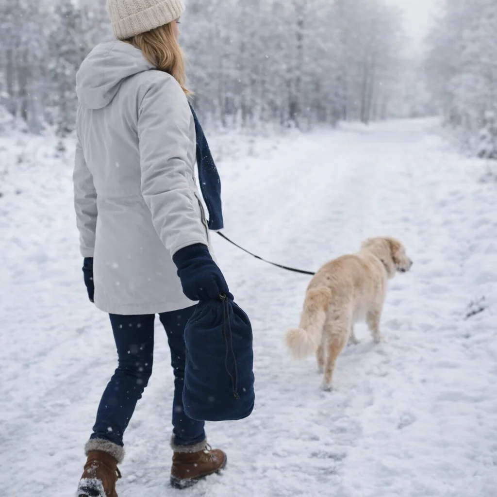 Person in Scarf And Gloves Sets walks a dog through snowy woods.