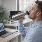 Man drinks from a 500Ml Push Button Bottle at a desk with a laptop showing bar graphs.
