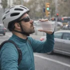 Man in helmet drinks from a 400Ml Custom Printed Note Water Bottle at a city intersection.