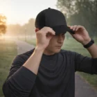 Man in Icon Trucker Cap adjusts his hat outdoors on a foggy morning path.