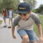 Boy skateboarding in Suave Flat Peak Cap; two teens skate in park background.