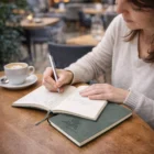 Woman writing in a Soft Leather Look Printed Notebook at a café table with coffee nearby.