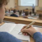 Student taking notes with Personalised Mirren Wood Pen, instructor blurred in background.