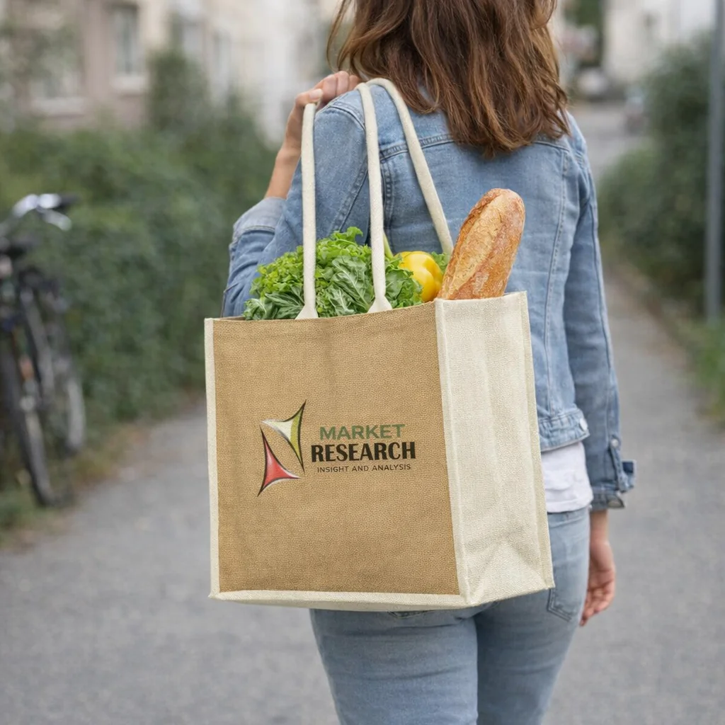 Woman with Chariot Jute Tote Bags holding lettuce, baguette, and yellow pepper.