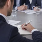 Man uses Oblige Personalised Pierre Cardin Pen at meeting with papers and water glasses on table.