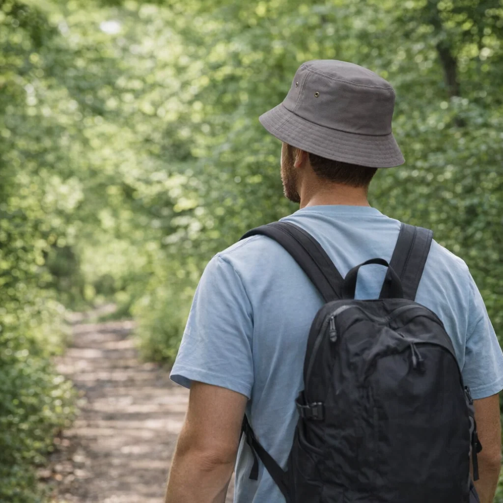 A man in an Alloa Bucket Hat hikes a forest trail surrounded by lush greenery.
