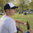 Man in Frame Foam Two-Tone Trucker sits on grass with beer, park crowd behind.