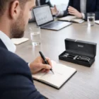 Man writing in notebook with Swiss Peak Heritage Pen Sets and a laptop on meeting table.