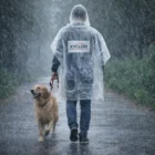Person in a Xyclon Emergency Poncho walking a dog on a wet path during heavy rain.