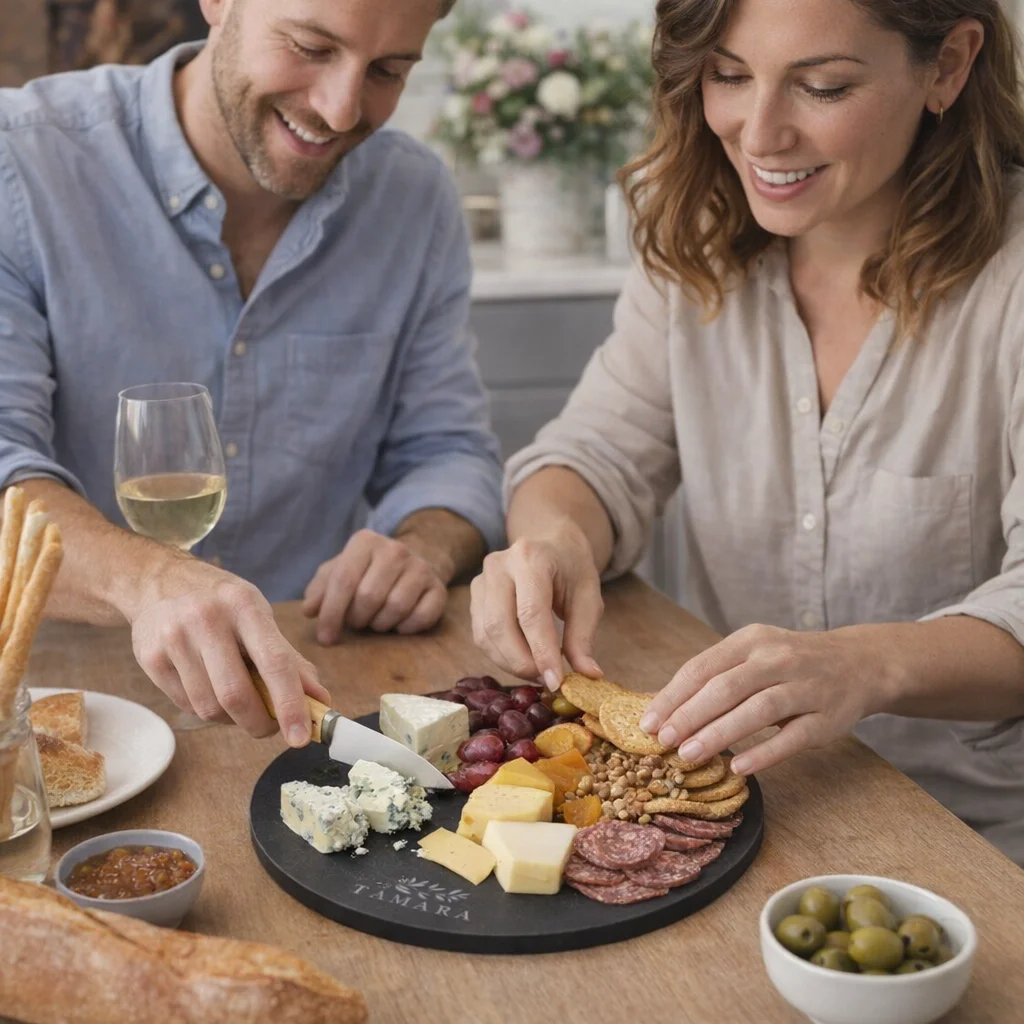 Two people enjoy wine and bites on Slate Cheeseboards at a wooden table.
