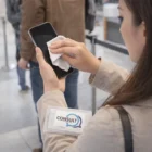 Person cleaning phone with Zenno Microfibre Cleaning Cloth, holding a CONSULT packet in public.