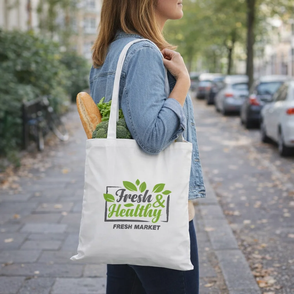Woman carries groceries in a 100Gsm Bamboo Tote along a tree-lined street.