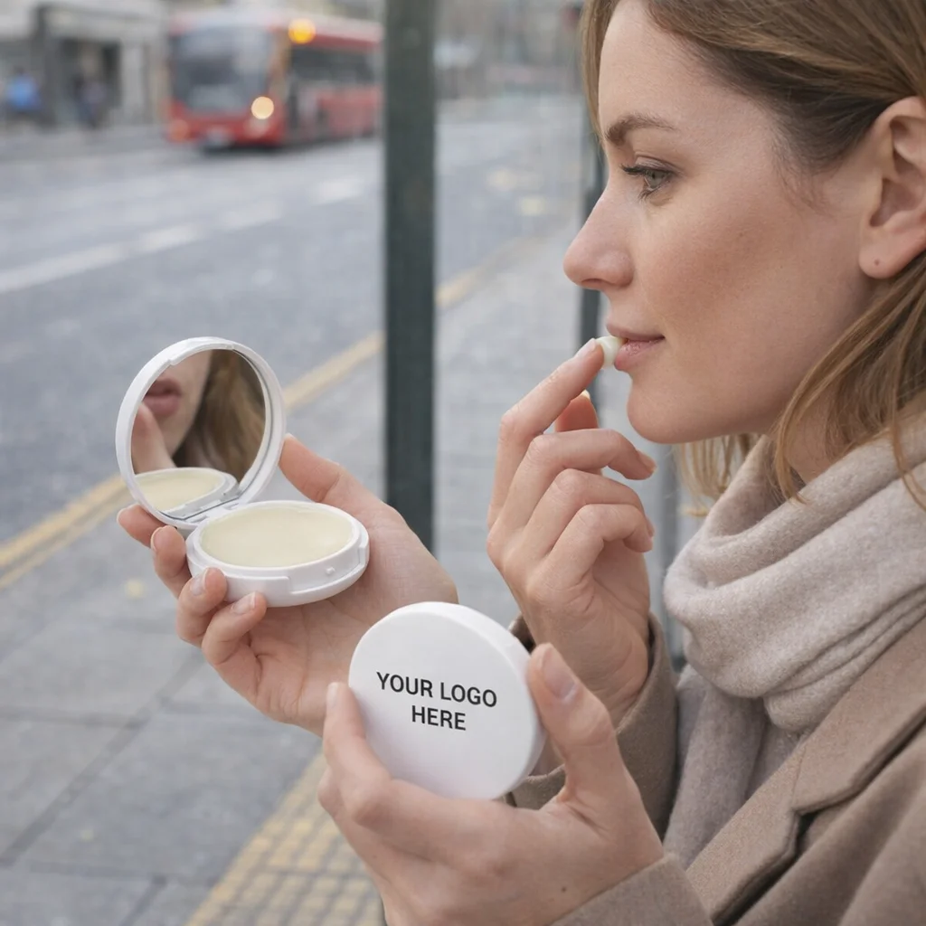 Woman enjoys Bliss Mirror And Lip Balms while applying lip balm outdoors with a compact mirror.