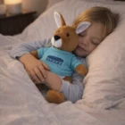 Child sleeping, cuddling a Hug Me Kangaroo Plush Toy in a blue Bakery shirt.
