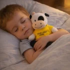 A child hugs a Cow Custom Plush Toy with Your Logo Here on its shirt while sleeping in bed.