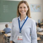 Smiling teacher in class wears a Karsyn Silicone Lanyard, students and chalkboard visible.