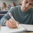A student highlights text with a Multi Colour Pens For Events in a classroom notebook.