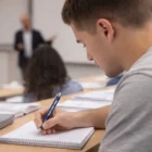 Student jotting notes in class with Promotional Corporate Pens Metal, teacher and peers behind.