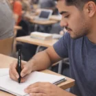 Man in gray shirt writes with a Bremen Logo Branded Pen at a classroom desk.