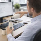 Man pours water into a Vacuum Bottle And Cup Set at a desk with computer and office supplies.