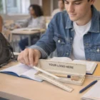 Student opens Wheat Straw Custom Stationery Set labeled Your Logo Here on classroom desk.
