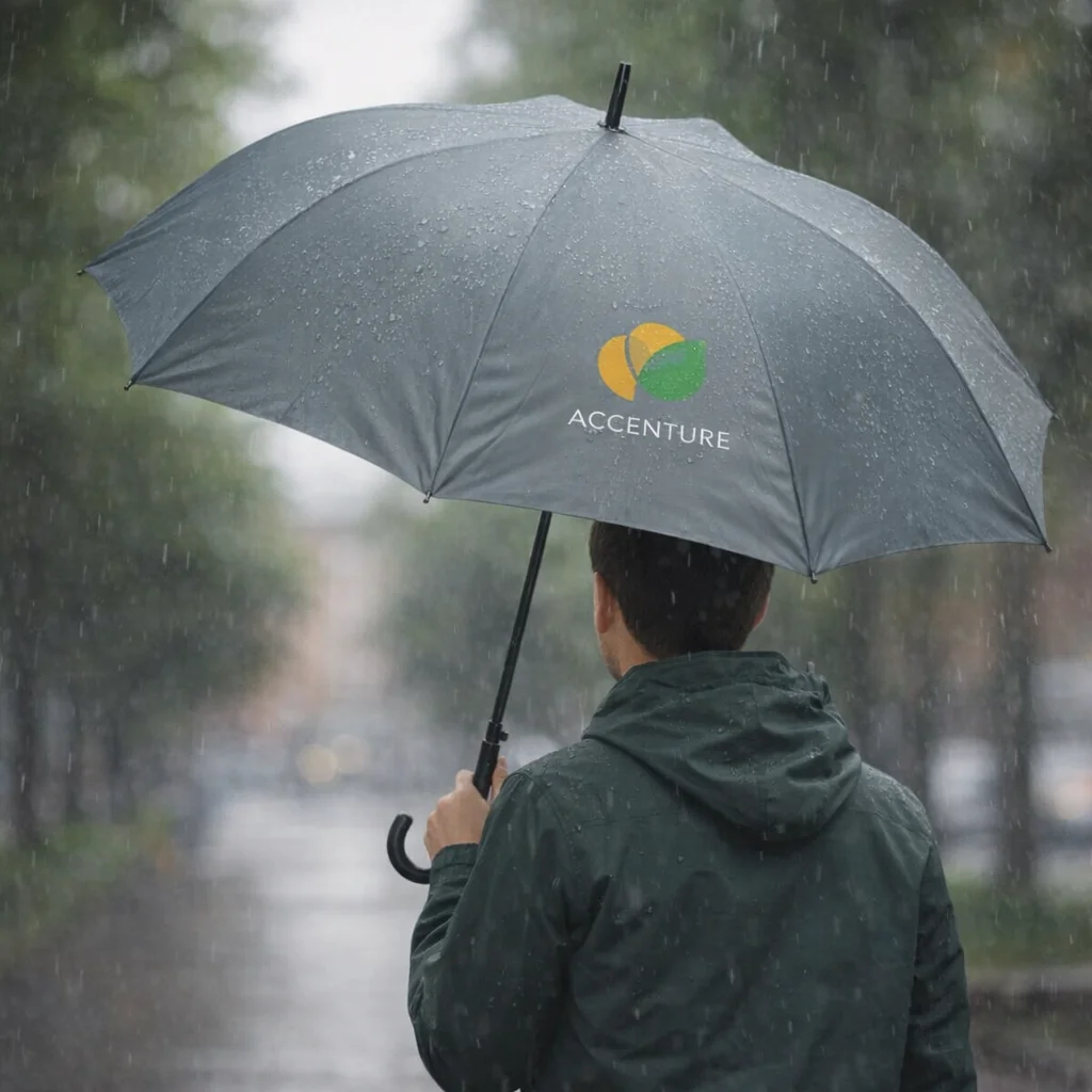 Person with a Suburban Hook Umbrella on a rainy, tree-lined suburban path.