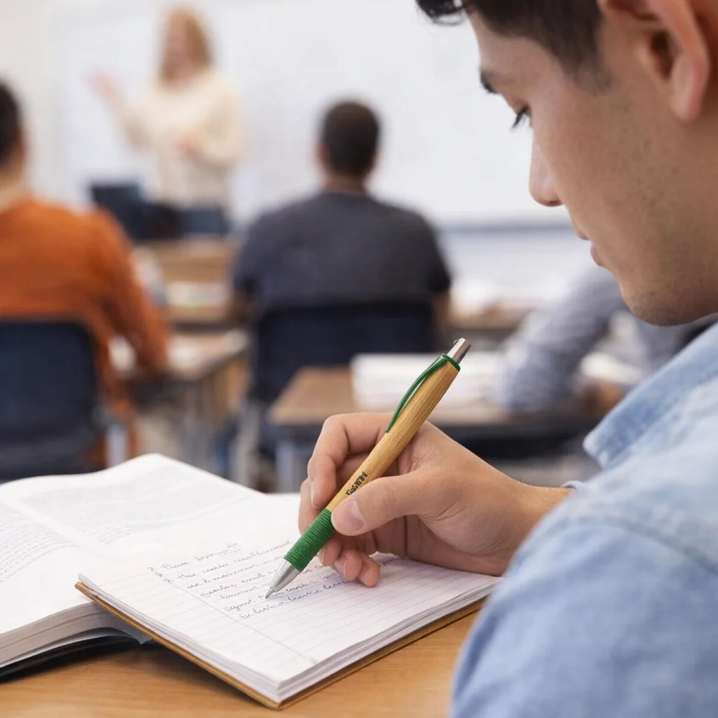 Student writes notes in notebook with Vilnius Bamboo Pens during class, book open on desk.
