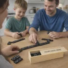 Family playing Dominos In A Branded Wood Boxes, Your Logo Here displayed on the front.