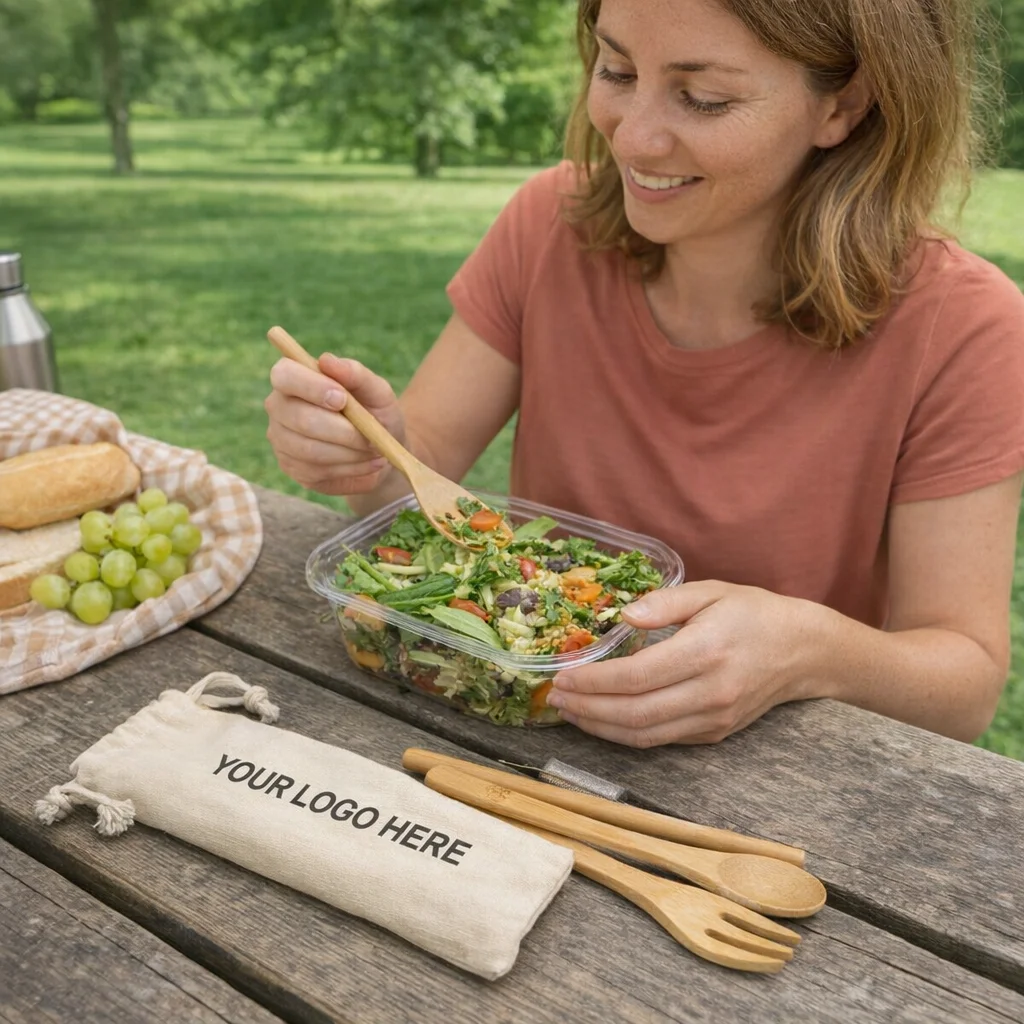 Woman using Bamboo Eco Friendly Cutlery Sets while eating salad outdoors at a picnic table.