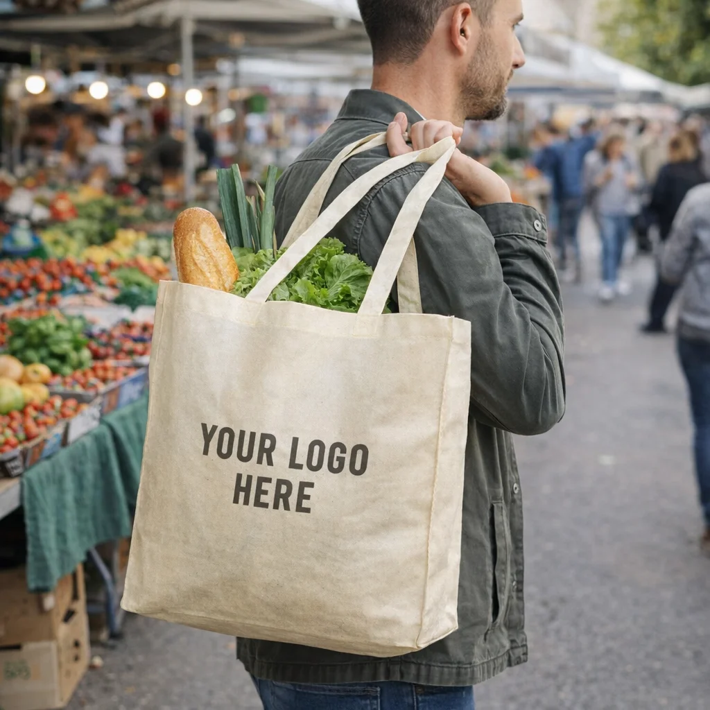 Man at outdoor market holding an Elianna Natural Look Tote Bag with Your Logo Here and produce.