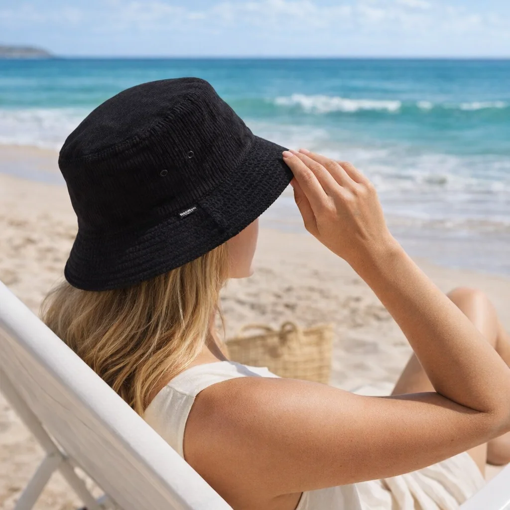 Woman wearing Cord Bucket Hats relaxes on a beach chair, gazing at the ocean.