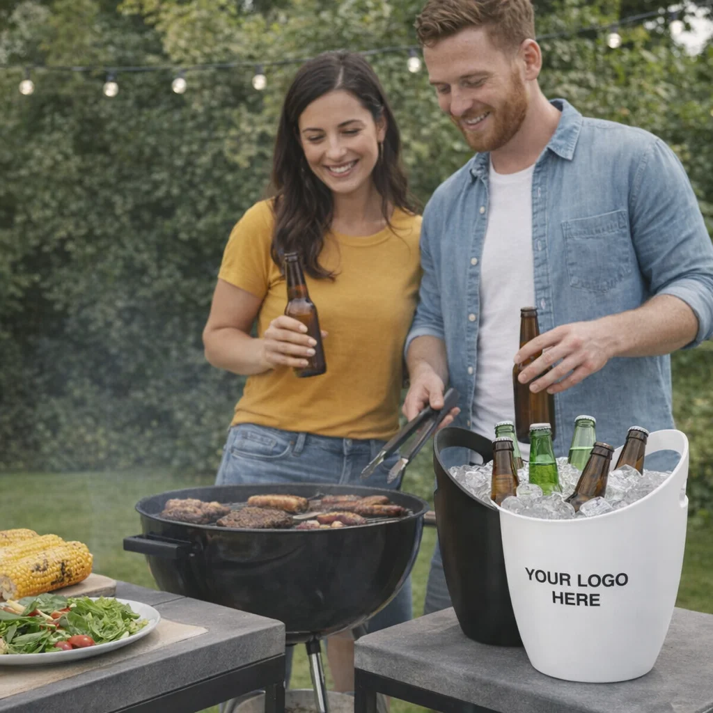 A man and woman enjoy drinks by Veda Branded Ice Buckets while grilling outdoors.