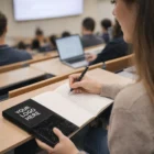 Student taking notes with a Novelty Sequin Notebook featuring YOUR LOGO HERE on the cover.