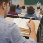 Student taking notes in a lecture hall with Eco Notebook Sets Bulk, facing the front.