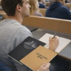 Student taking notes with two large Bonn Customised Notebooks, one featuring YOUR LOGO HERE.
