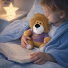 Child in bed reads, snuggling a Lion Customised Plush Toy in a Solar Tech shirt.
