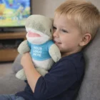 Smiling boy hugs a Shark Custom Plush Toy wearing a blue Your Logo Here shirt.
