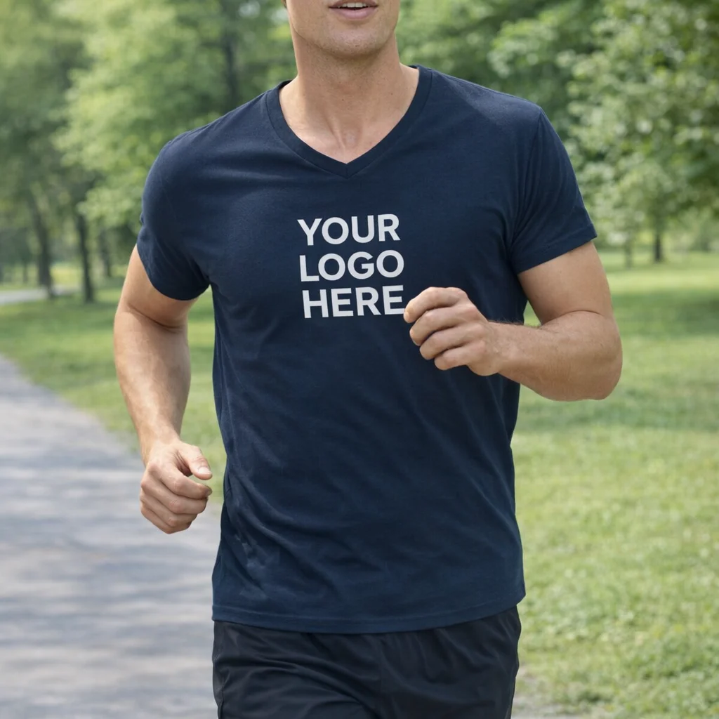 Man jogging outdoors in a navy Sol's Imperial Mens V Neck T-Shirt with "YOUR LOGO HERE" in white.