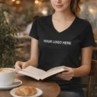 Woman reading in a café, wearing a Sols Imperial Womens V Neck T-Shirt.