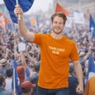 Smiling man in orange Sols Sporty Mens T-Shirts holding a flag at a busy outdoor event.