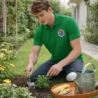 Man wearing Sols Prime Mens Polo Shirt gardening, kneeling by flowers with tools and watering can.