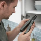 Man in Dortmund uses Dortmund Multi-Tools to fix a cabinet hinge near white shelves.