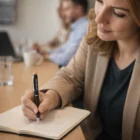 A woman writes in a notebook with Trayton Custom Metal Pens at a meeting with colleagues nearby.