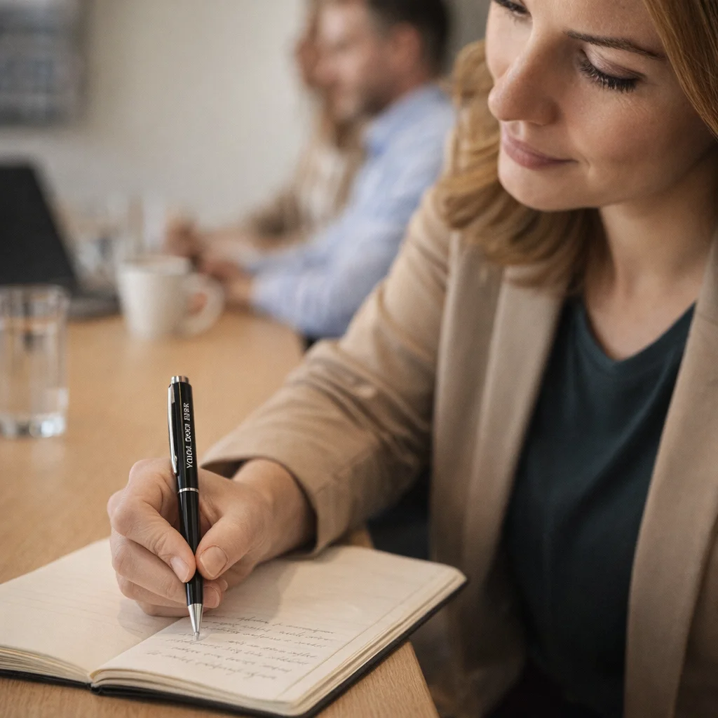 A woman writes in a notebook with Trayton Custom Metal Pens at a meeting with colleagues nearby.