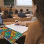 Student taking notes with A4 Spiral Notebooks Bulk featuring Your Logo Here in lecture hall.