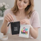 Woman holding Bondi Drawstring Gift Bags—one with a logo, one with a flamingo design.